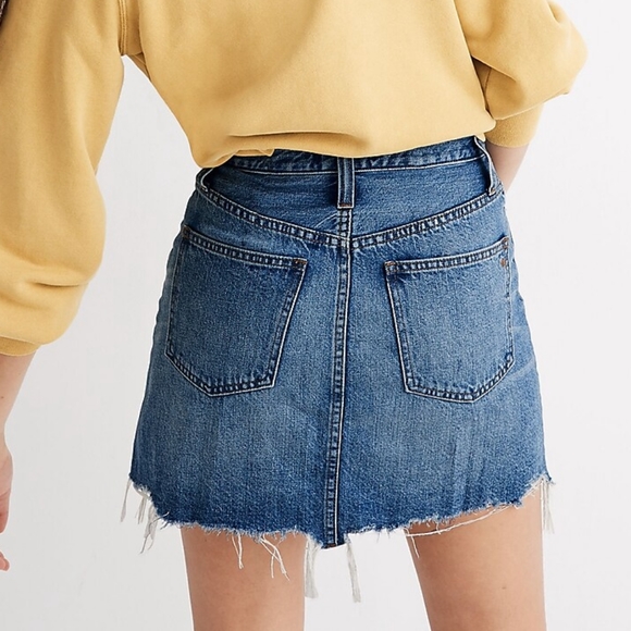 Madewell Womens Denim Miniskirt 30 Blue High Rise Raw Hem Distressed Button Fly - Picture 2 of 14